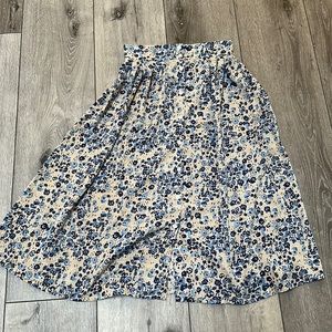 blue flowered, gray skirt, button-down ankle length